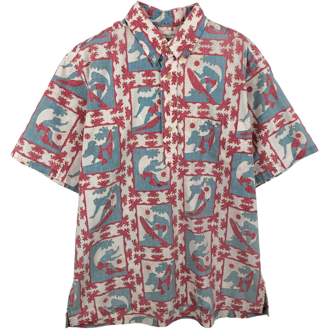Reyn Spooner all-over print half-button button-down Hawaiian Aloha shirt, boxy style, made in Hawaii, men's size L. cotton red type Vintage Second Hand