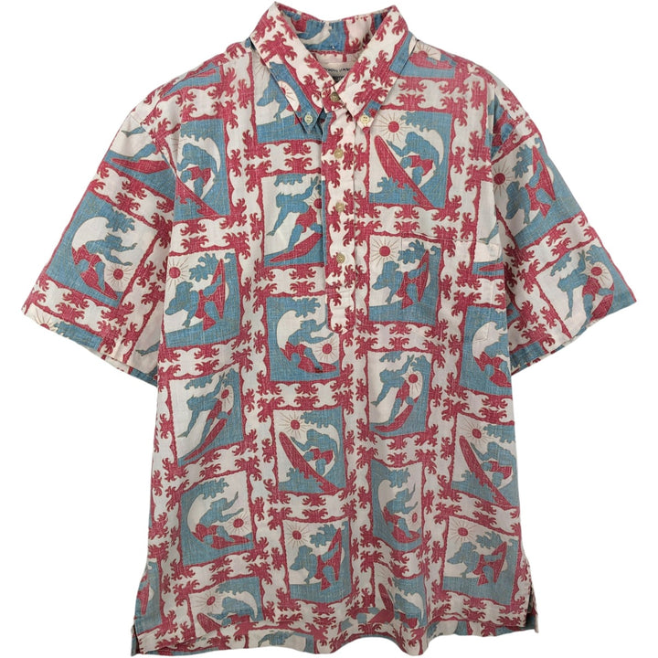Reyn Spooner all-over print half-button button-down Hawaiian Aloha shirt, boxy style, made in Hawaii, men's size L. cotton red type Vintage Second Hand