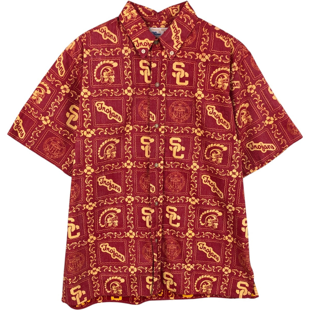 Reyn Spooner TEAM TROJANS all-over print button-down Hawaiian Aloha shirt, boxy style, made in Hawaii, men's size L equivalent. cotton red type Vintage Second Hand