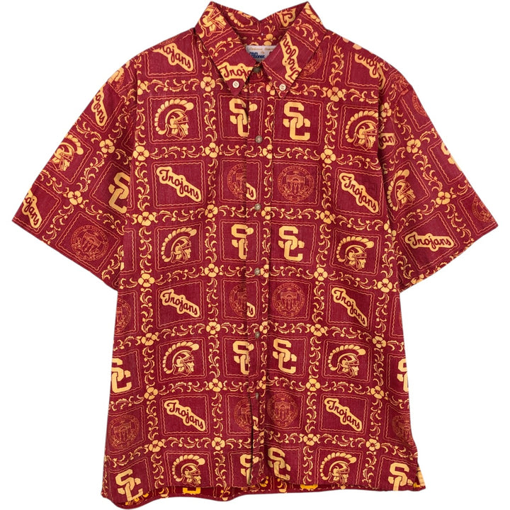 Reyn Spooner TEAM TROJANS all-over print button-down Hawaiian Aloha shirt, boxy style, made in Hawaii, men's size L equivalent. cotton red type Vintage Second Hand