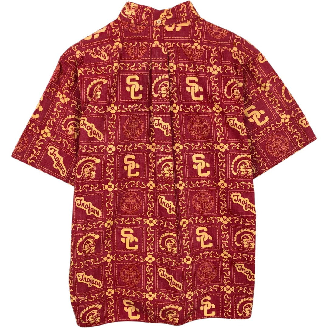 Reyn Spooner TEAM TROJANS all-over print button-down Hawaiian Aloha shirt, boxy style, made in Hawaii, men's size L equivalent. cotton red type Vintage Second Hand