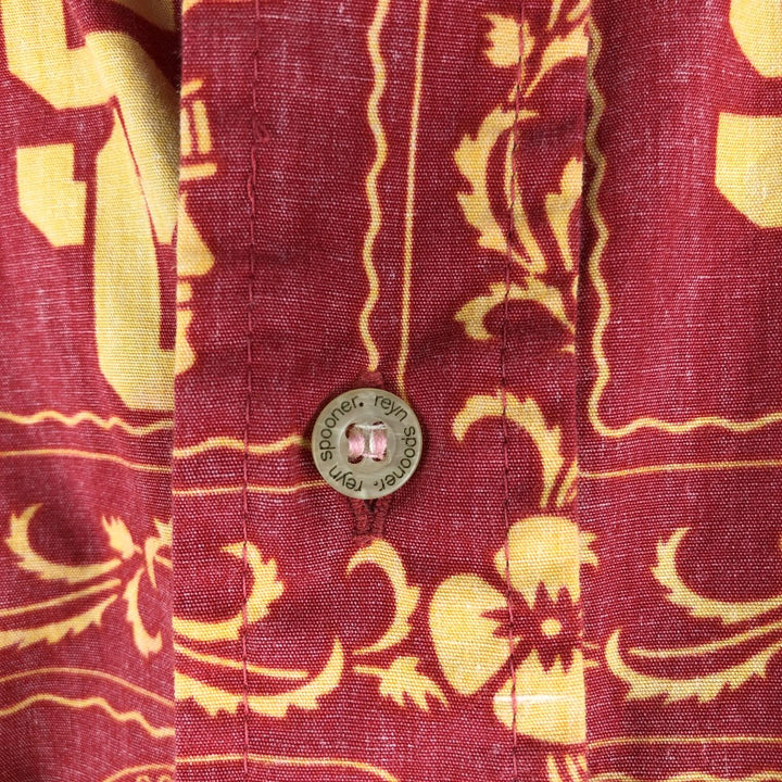 Reyn Spooner TEAM TROJANS all-over print button-down Hawaiian Aloha shirt, boxy style, made in Hawaii, men's size L equivalent. cotton red type Vintage Second Hand
