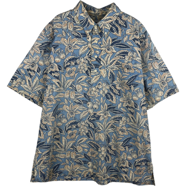 Reyn Spooner swimwear tag, all-over botanical pattern, half-button Hawaiian Aloha shirt, boxy shirt, made in Hawaii, men's XL. cotton Blue type light blue Vintage Second Hand