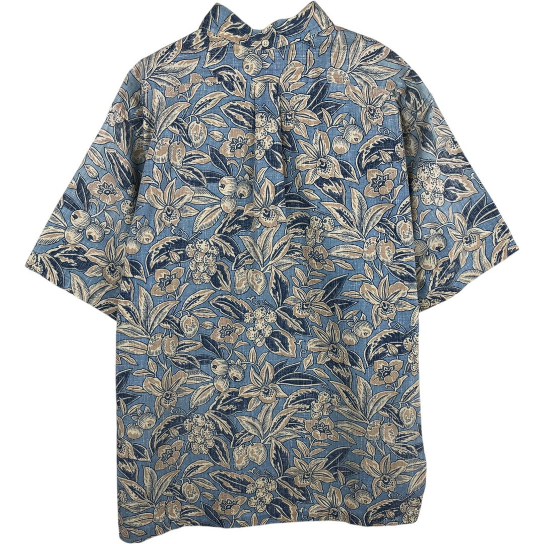 Reyn Spooner swimwear tag, all-over botanical pattern, half-button Hawaiian Aloha shirt, boxy shirt, made in Hawaii, men's XL. cotton Blue type light blue Vintage Second Hand