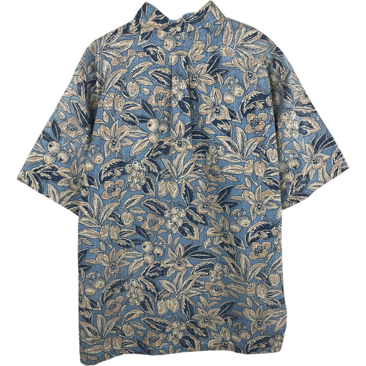 Reyn Spooner swimwear tag, all-over botanical pattern, half-button Hawaiian Aloha shirt, boxy shirt, made in Hawaii, men's XL. cotton Blue type light blue Vintage Second Hand
