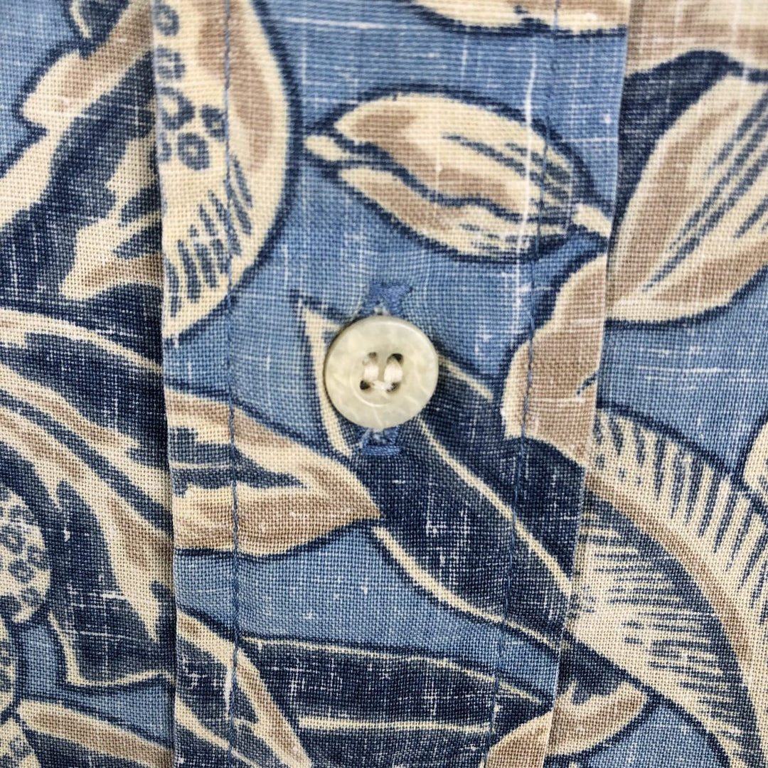 Reyn Spooner swimwear tag, all-over botanical pattern, half-button Hawaiian Aloha shirt, boxy shirt, made in Hawaii, men's XL. cotton Blue type light blue Vintage Second Hand