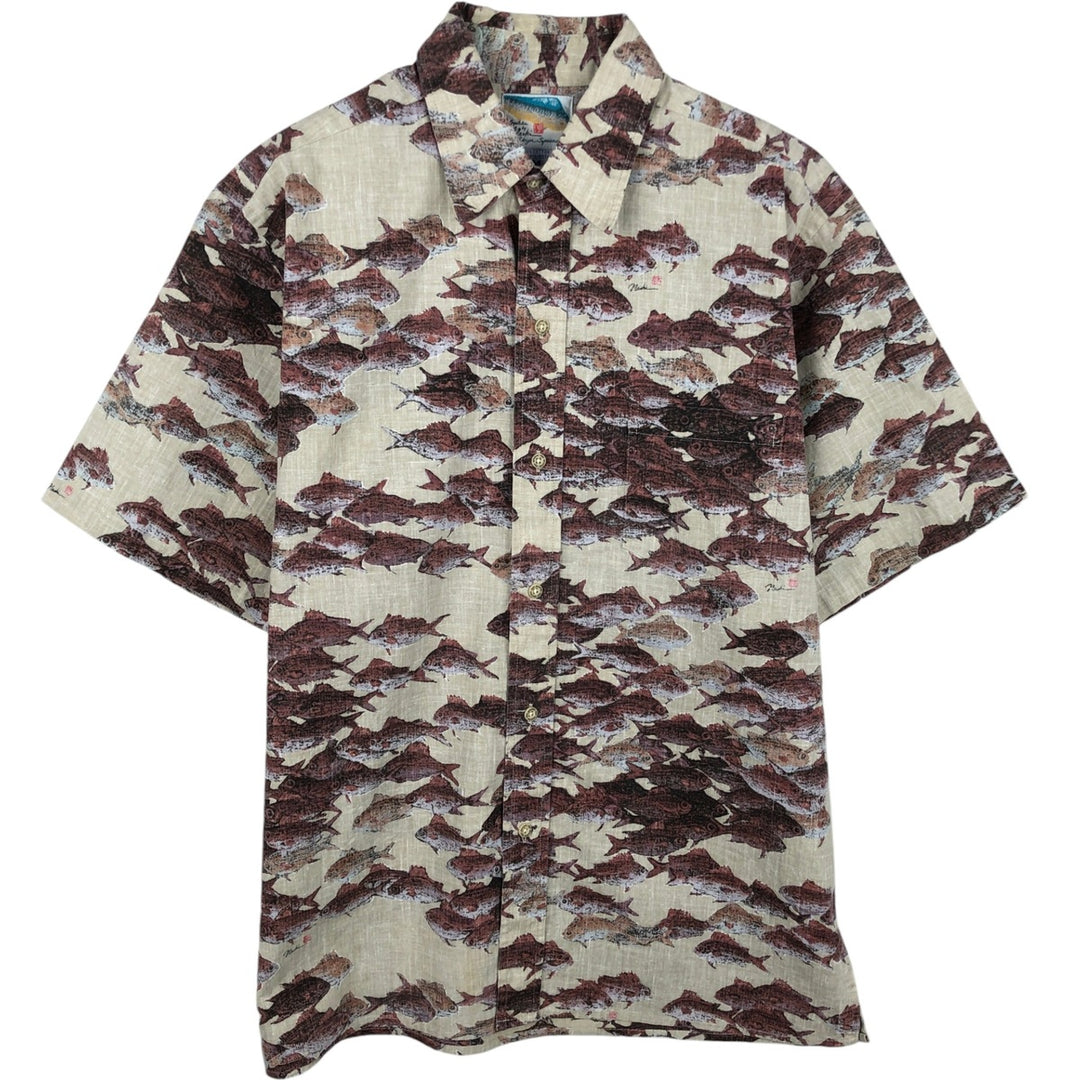 Reyn Spooner GYOTAKU BY NAOKI Fish Print Hawaiian Aloha Shirt, Box Shirt, Men's Size M (approx.) cotton Beige type Vintage Second Hand