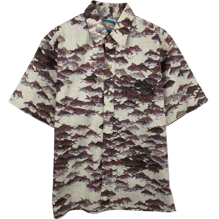 Reyn Spooner GYOTAKU BY NAOKI Fish Print Hawaiian Aloha Shirt, Box Shirt, Men's Size M (approx.) cotton Beige type Vintage Second Hand