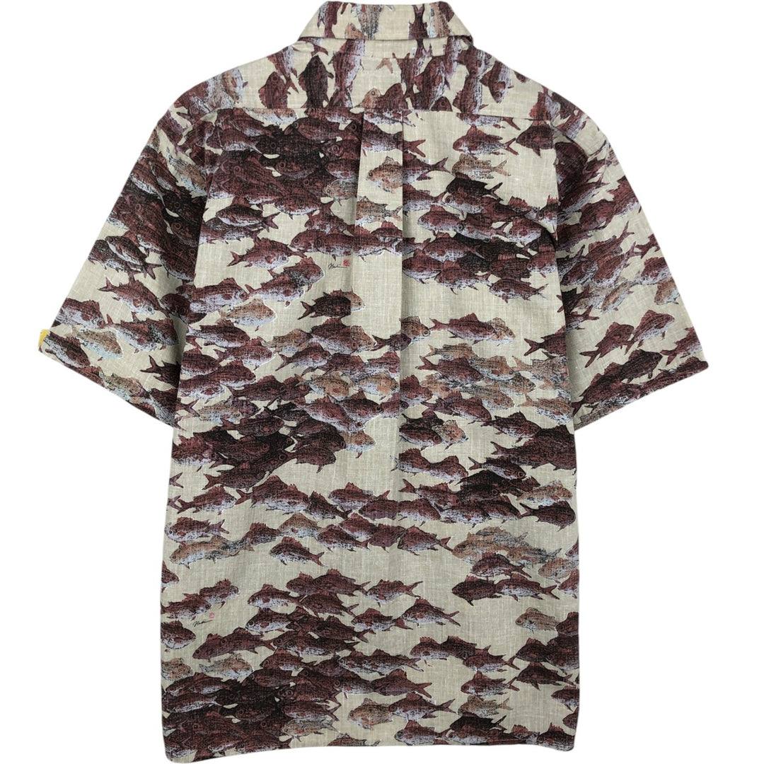 Reyn Spooner GYOTAKU BY NAOKI Fish Print Hawaiian Aloha Shirt, Box Shirt, Men's Size M (approx.) cotton Beige type Vintage Second Hand