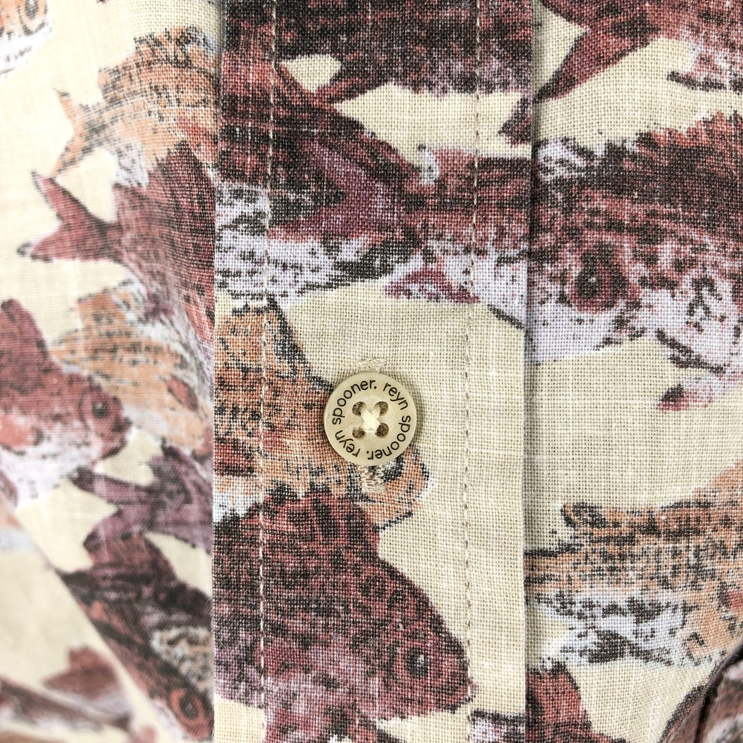 Reyn Spooner GYOTAKU BY NAOKI Fish Print Hawaiian Aloha Shirt, Box Shirt, Men's Size M (approx.) cotton Beige type Vintage Second Hand