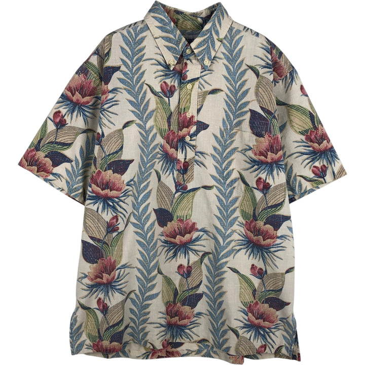 Reyn Spooner swimwear tag, bikini tag, hibiscus pattern, half-button Hawaiian aloha shirt, boxy shirt, made in the USA. cotton pale white type Vintage Second Hand