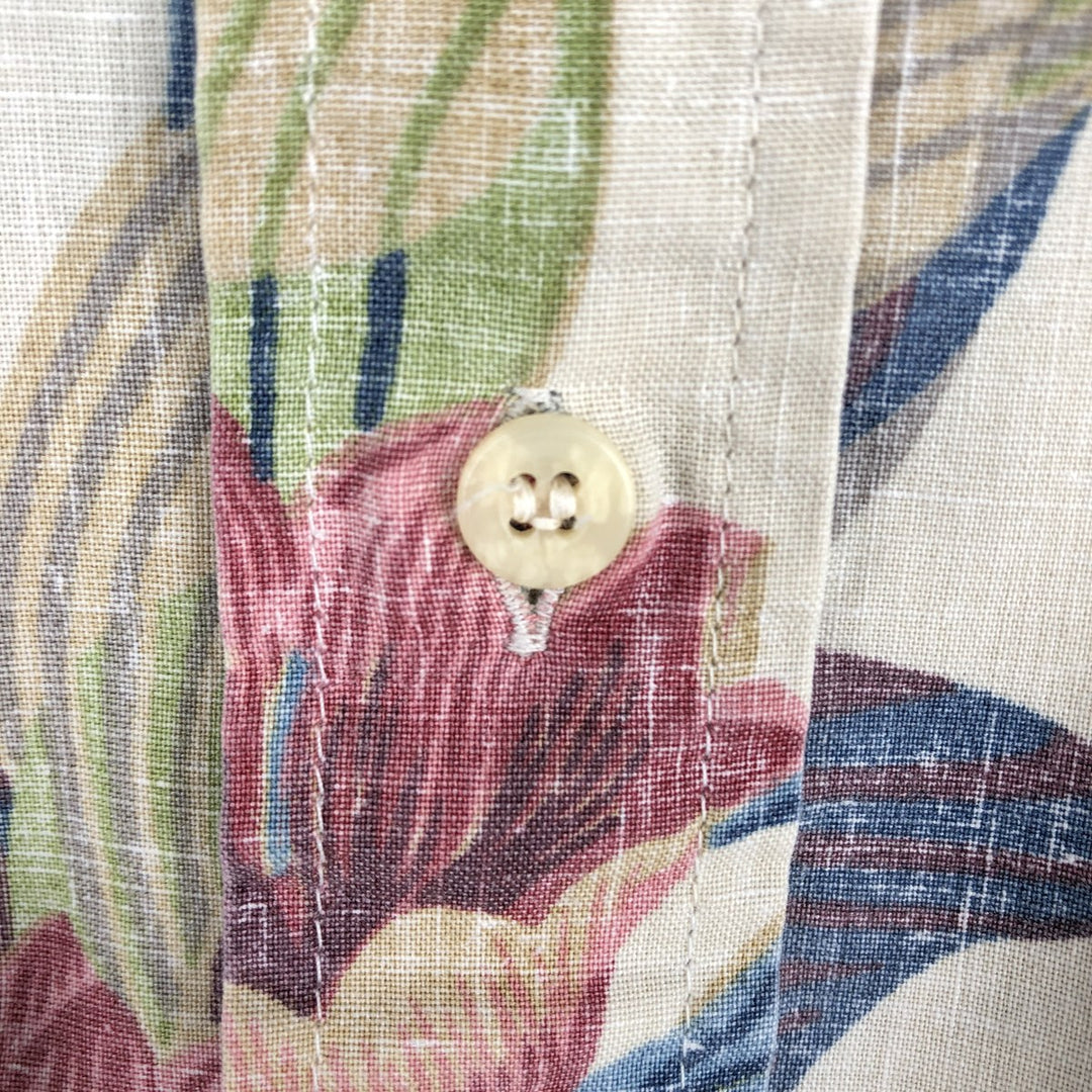 Reyn Spooner swimwear tag, bikini tag, hibiscus pattern, half-button Hawaiian aloha shirt, boxy shirt, made in the USA. cotton pale white type Vintage Second Hand