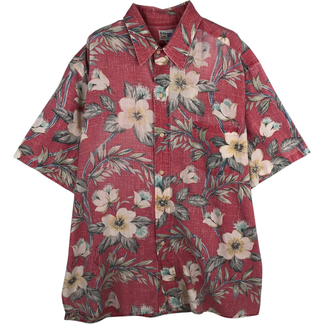 Reyn Spooner swimwear tag, bikini tag, hibiscus pattern, Hawaiian aloha shirt, boxy shirt, made in Hawaii, men's size XL. cotton pink type Vintage Second Hand