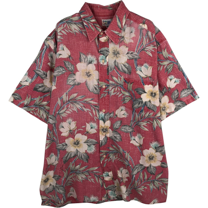 Reyn Spooner swimwear tag, bikini tag, hibiscus pattern, Hawaiian aloha shirt, boxy shirt, made in Hawaii, men's size XL. cotton pink type Vintage Second Hand