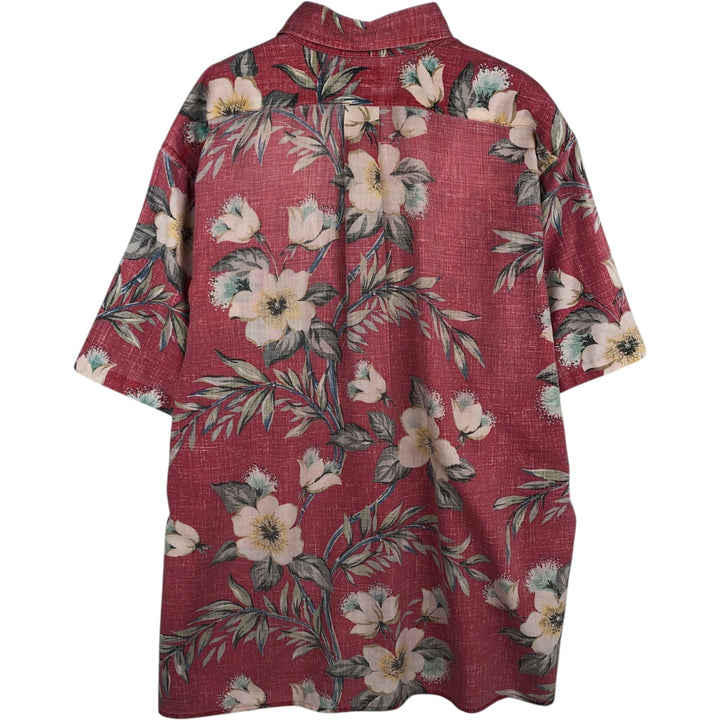 Reyn Spooner swimwear tag, bikini tag, hibiscus pattern, Hawaiian aloha shirt, boxy shirt, made in Hawaii, men's size XL. cotton pink type Vintage Second Hand