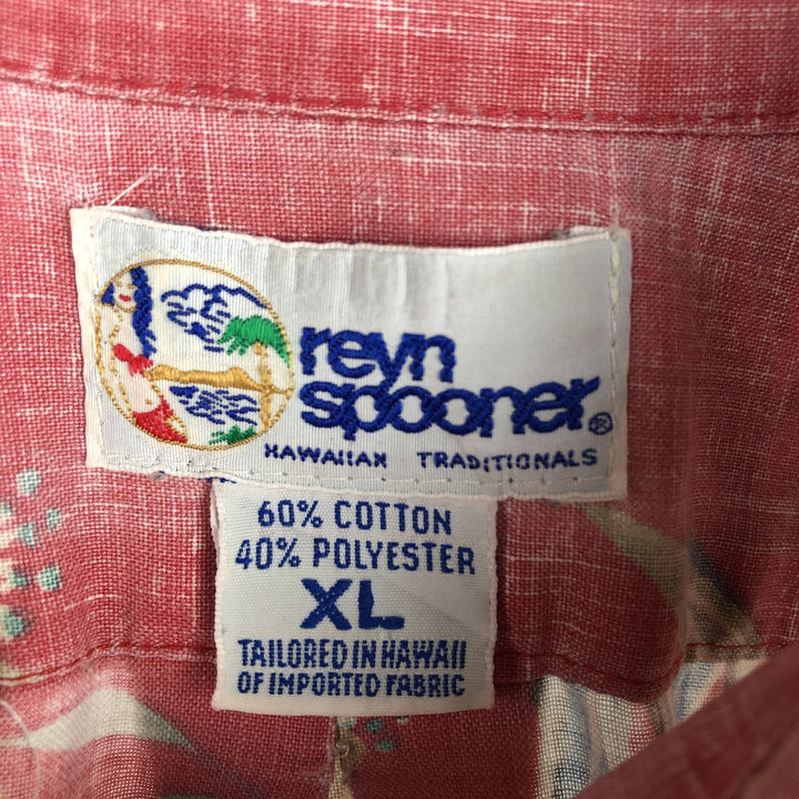 Reyn Spooner swimwear tag, bikini tag, hibiscus pattern, Hawaiian aloha shirt, boxy shirt, made in Hawaii, men's size XL. cotton pink type Vintage Second Hand