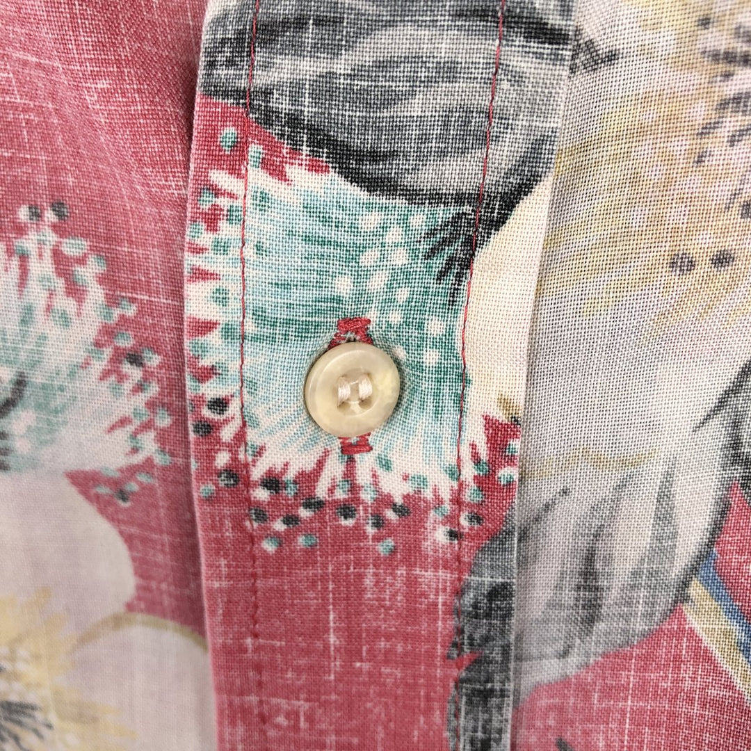 Reyn Spooner swimwear tag, bikini tag, hibiscus pattern, Hawaiian aloha shirt, boxy shirt, made in Hawaii, men's size XL. cotton pink type Vintage Second Hand
