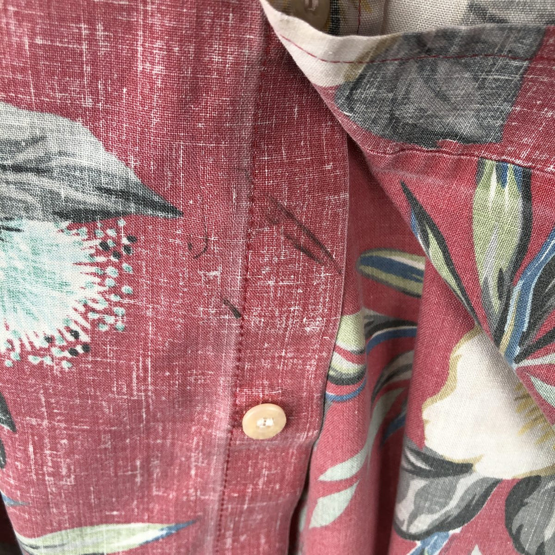 Reyn Spooner swimwear tag, bikini tag, hibiscus pattern, Hawaiian aloha shirt, boxy shirt, made in Hawaii, men's size XL. cotton pink type Vintage Second Hand