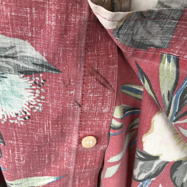 Reyn Spooner swimwear tag, bikini tag, hibiscus pattern, Hawaiian aloha shirt, boxy shirt, made in Hawaii, men's size XL. cotton pink type Vintage Second Hand