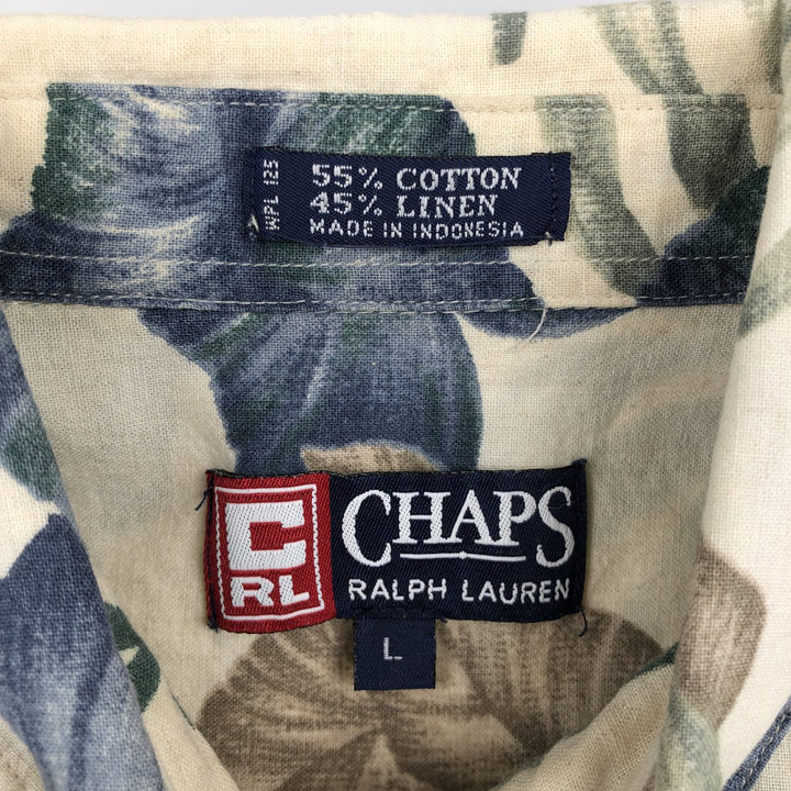 Ralph Lauren CHAPS Leaf Pattern Button-Down Hawaiian Aloha Shirt, Boxy Shirt, Men's Size L (approx.) cotton ivory Vintage Second Hand