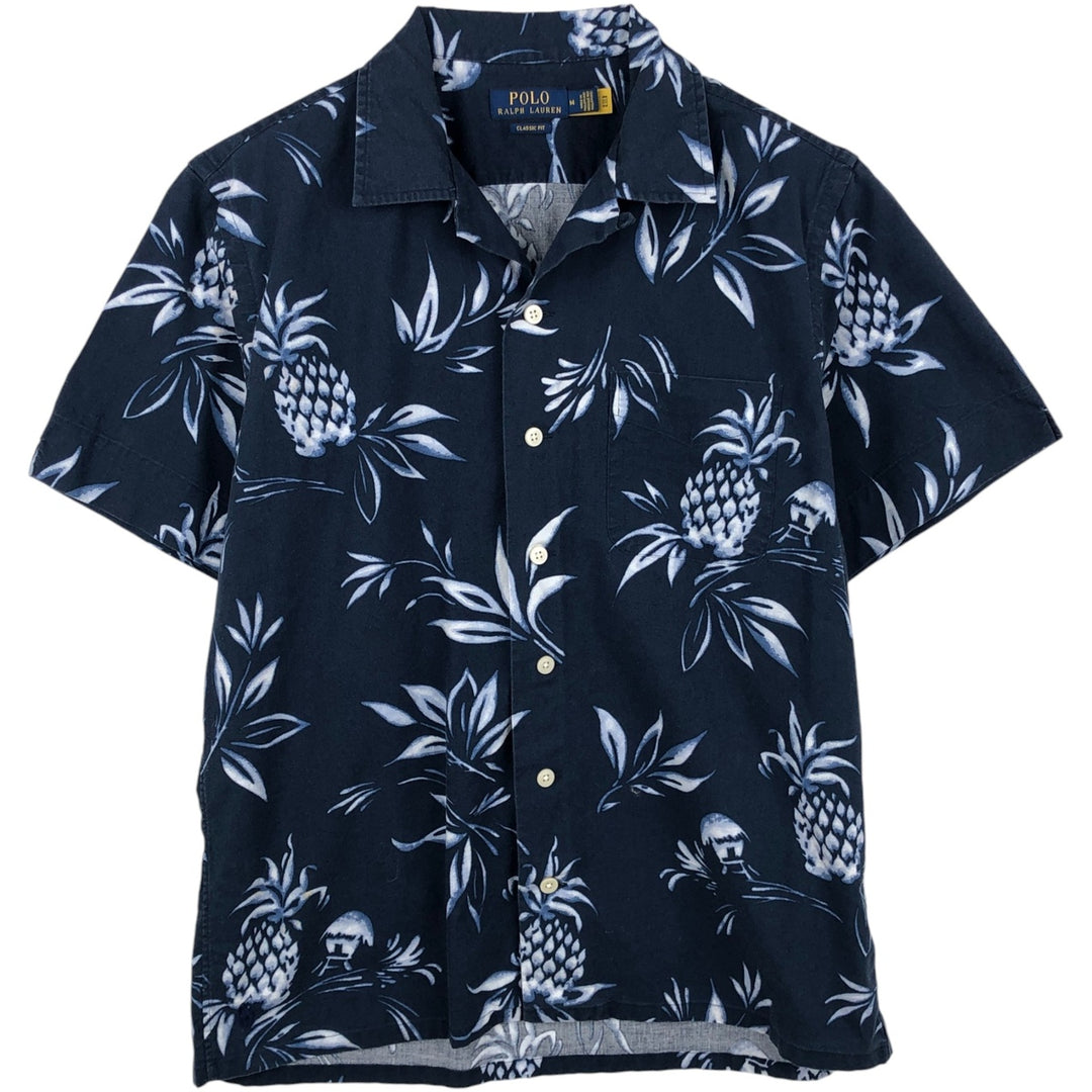 Ralph Lauren POLO CLASSIC FIT Pineapple Pattern Open Collar Hawaiian Aloha Shirt Box Shirt Men's Size M (approx.) cotton navy blue type Vintage Second Hand