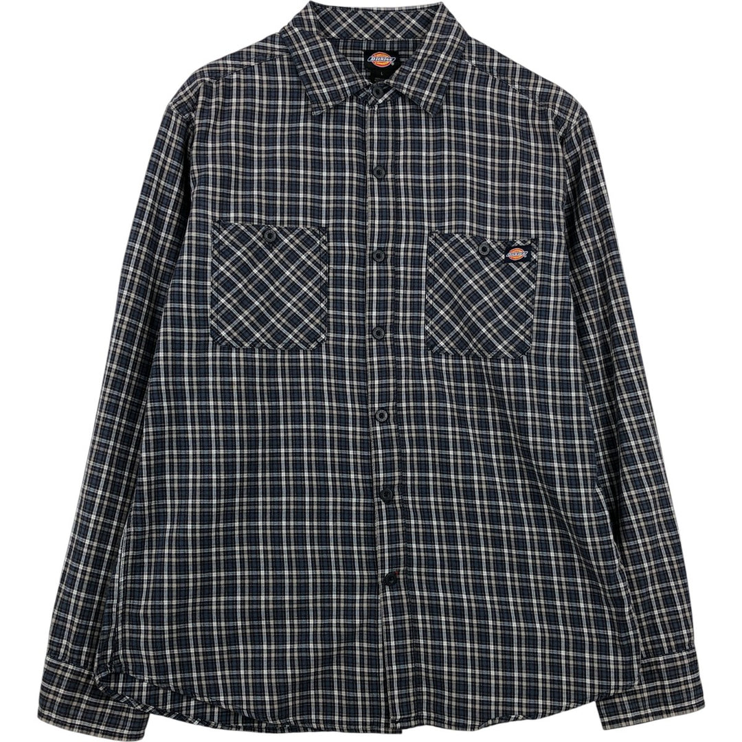 Dickies Check Pattern Long Sleeve Work Shirt, Men's Size L cotton Navy blue Vintage Second Hand