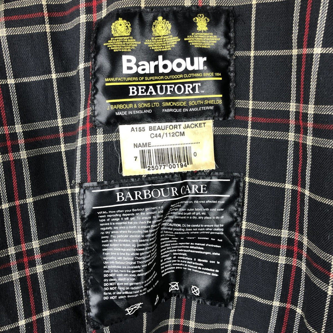 1990'S Barbour Beaufort 3 Warrant Oiled Hunting Jacket, Made in England, C44, Men's Size L cotton navy blue type Vintage Second Hand