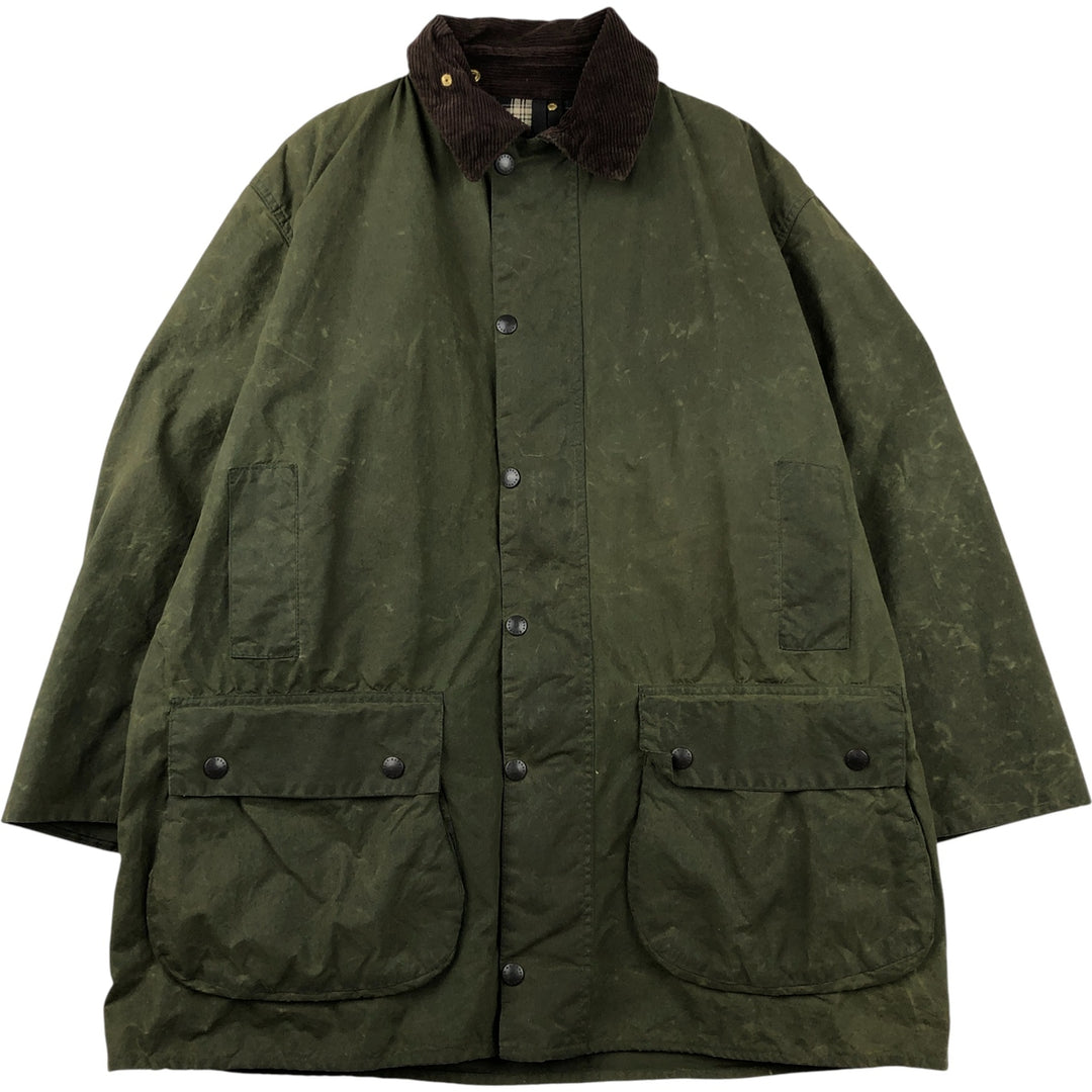 80s-90'S Barbour BORDER (formerly 3 Warrant) waxed cotton oiled jacket, Made in England, C44, Men's Size L cotton Khaki type Vintage Second Hand