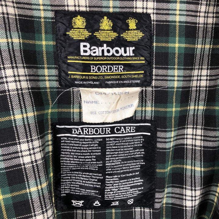 80s-90'S Barbour BORDER (formerly 3 Warrant) waxed cotton oiled jacket, Made in England, C44, Men's Size L cotton Khaki type Vintage Second Hand