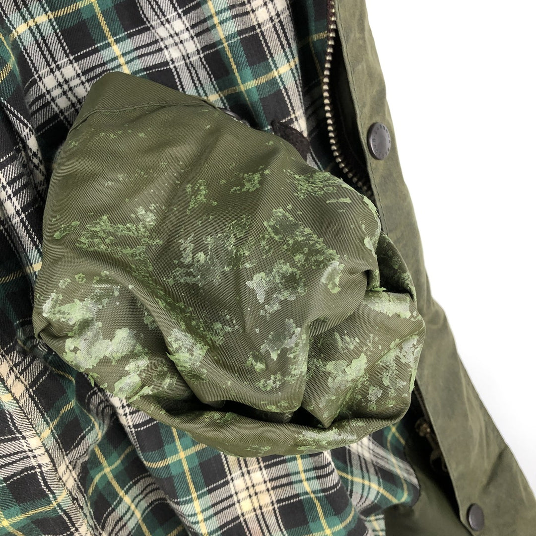 80s-90'S Barbour BORDER (formerly 3 Warrant) waxed cotton oiled jacket, Made in England, C44, Men's Size L cotton Khaki type Vintage Second Hand