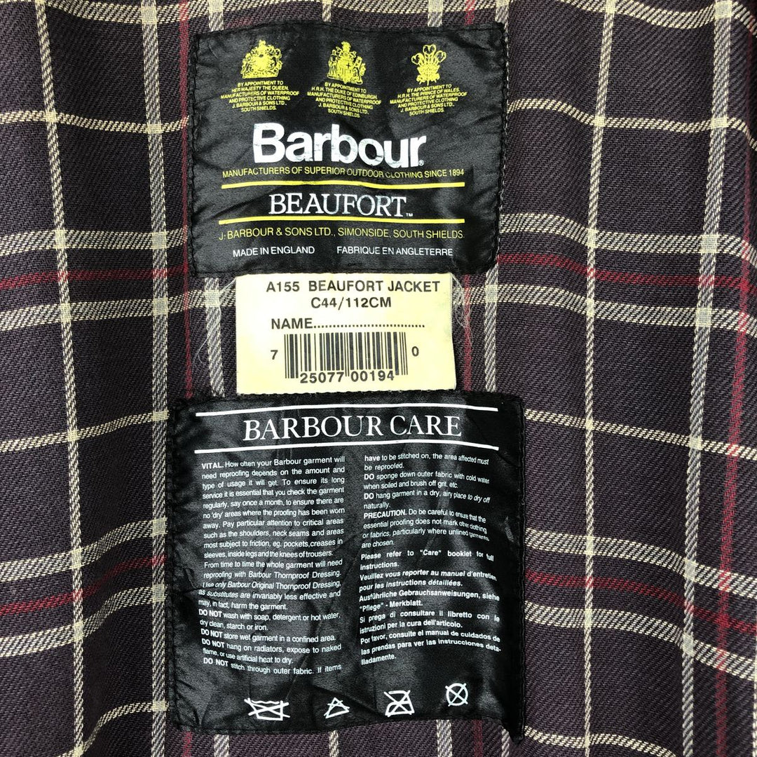 1990'S Barbour Beaufort 3 Warrant Oiled Hunting Jacket, Made in England, C44, Men's Size L cotton navy blue type Vintage Second Hand