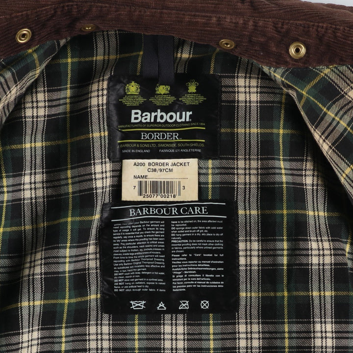 Vintage 1980s-1990'S Barbour Border Jacket, Old 3 Warrant, Waxed Cotton, Oiled, Made in England, C38, Men's Size Medium cotton Khaki type Vintage Second Hand