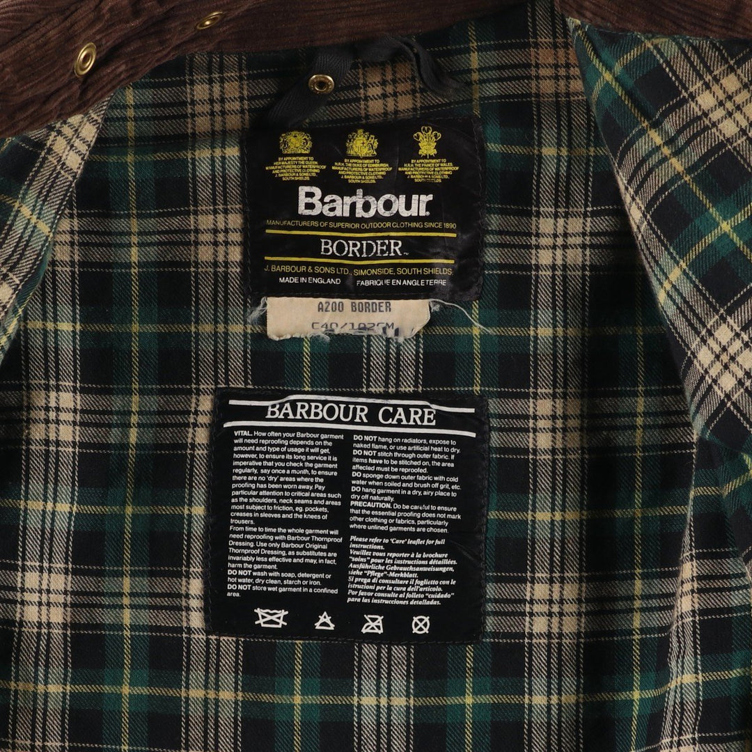 Vintage 1980s-1990'S Barbour Border Jacket, Old 3 Warrant, Waxed Cotton, Oiled, Made in England, C40, Men's Size M cotton Khaki type Vintage Second Hand