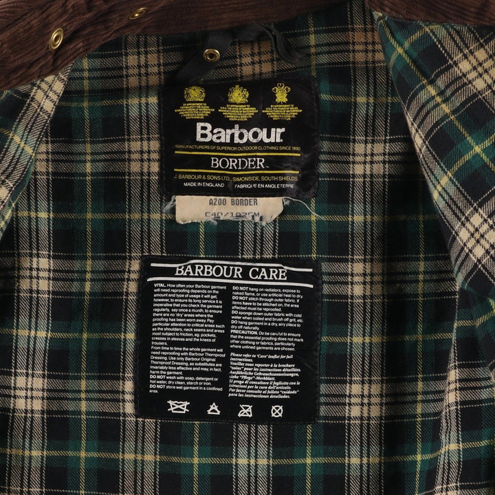 Vintage 1980s-1990'S Barbour Border Jacket, Old 3 Warrant, Waxed Cotton, Oiled, Made in England, C40, Men's Size M cotton Khaki type Vintage Second Hand