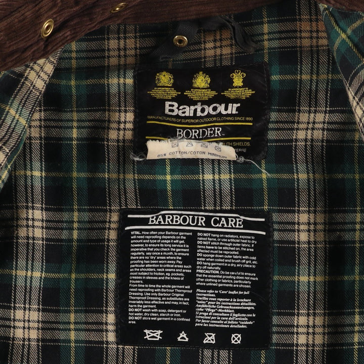 Vintage 1980s-1990'S Barbour Border Jacket, Old 3 Warrant, Waxed Cotton, Oiled, Made in England, C40, Men's Size M cotton Khaki type Vintage Second Hand
