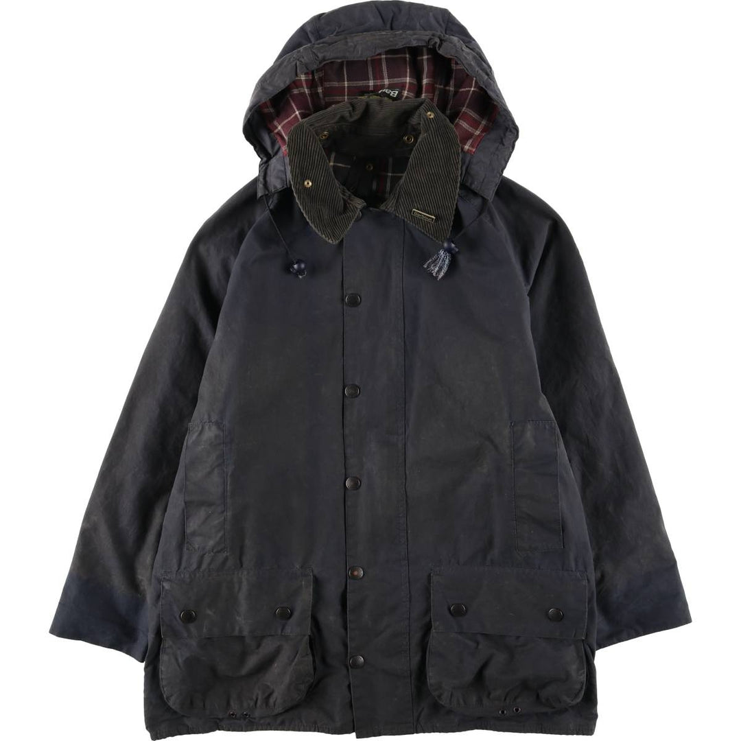 1990'S Barbour Beaufort Old 3-Warrant Hooded Oiled Hunting Jacket with Badge, Made in England, Size C40 cotton navy blue type Vintage Second Hand
