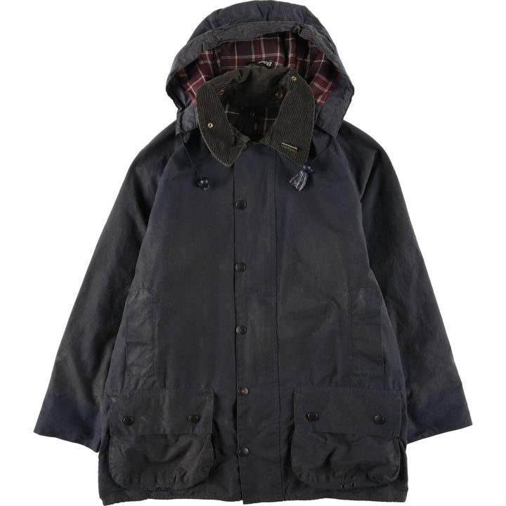 1990'S Barbour Beaufort Old 3-Warrant Hooded Oiled Hunting Jacket with Badge, Made in England, Size C40 cotton navy blue type Vintage Second Hand
