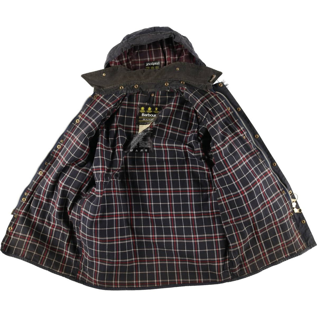 1990'S Barbour Beaufort Old 3-Warrant Hooded Oiled Hunting Jacket with Badge, Made in England, Size C40 cotton navy blue type Vintage Second Hand