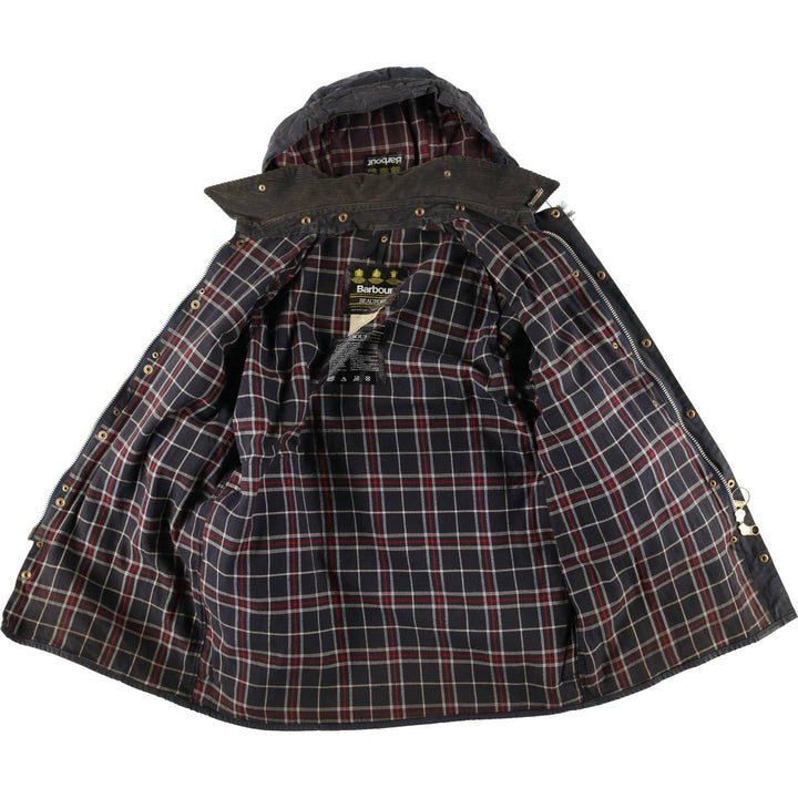 1990'S Barbour Beaufort Old 3-Warrant Hooded Oiled Hunting Jacket with Badge, Made in England, Size C40 cotton navy blue type Vintage Second Hand