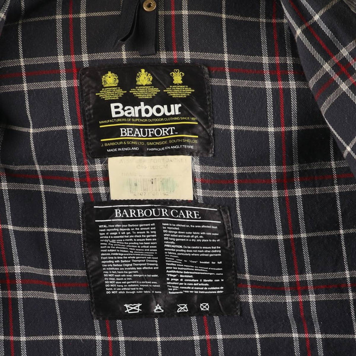 1990'S Barbour Beaufort Old 3-Warrant Hooded Oiled Hunting Jacket with Badge, Made in England, Size C40 cotton navy blue type Vintage Second Hand
