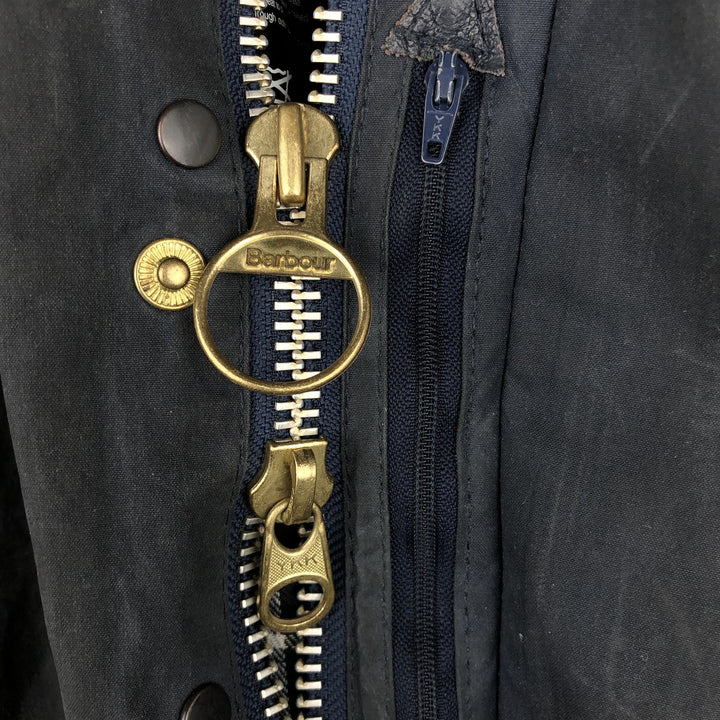 1990'S Barbour Beaufort Old 3-Warrant Hooded Oiled Hunting Jacket with Badge, Made in England, Size C40 cotton navy blue type Vintage Second Hand