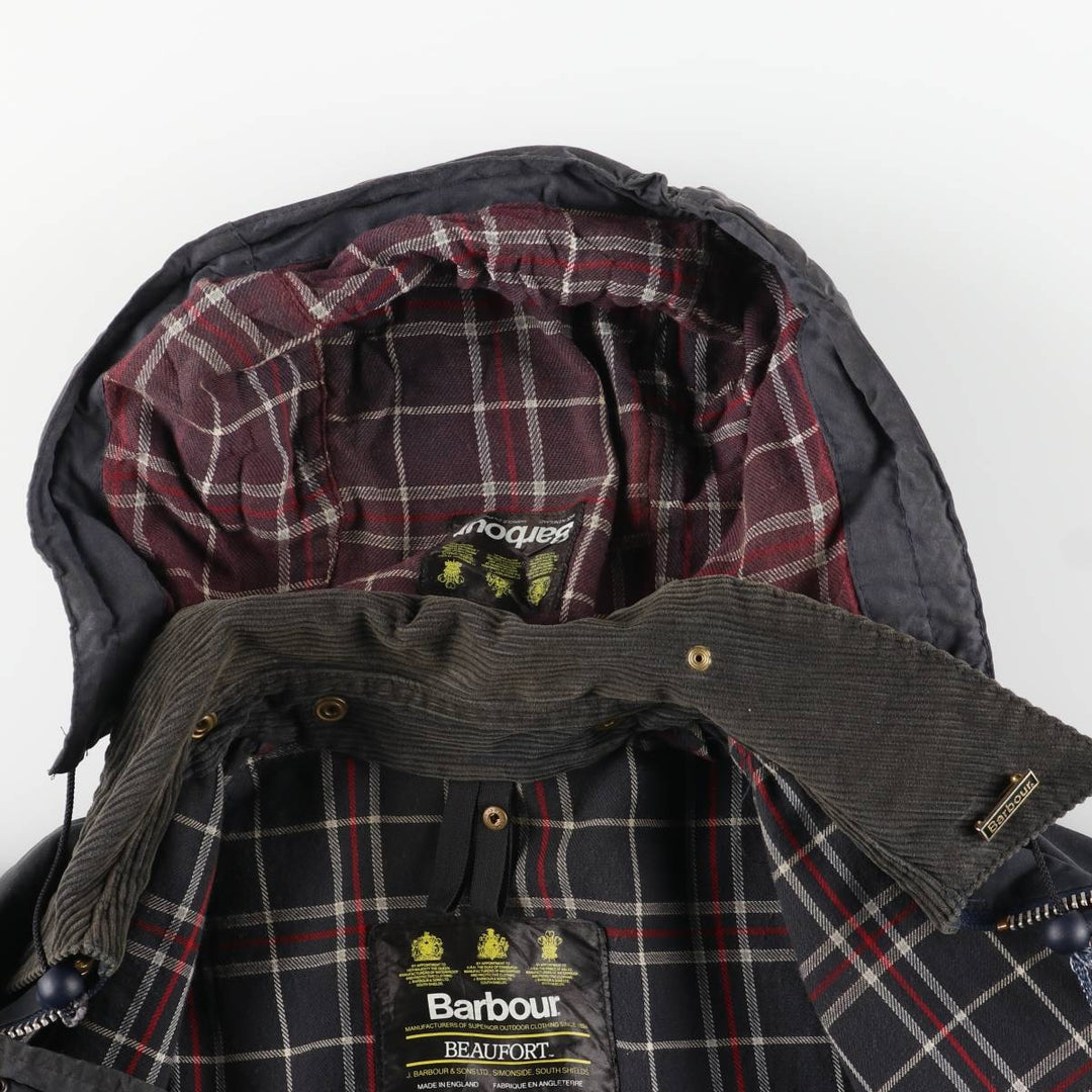 1990'S Barbour Beaufort Old 3-Warrant Hooded Oiled Hunting Jacket with Badge, Made in England, Size C40 cotton navy blue type Vintage Second Hand