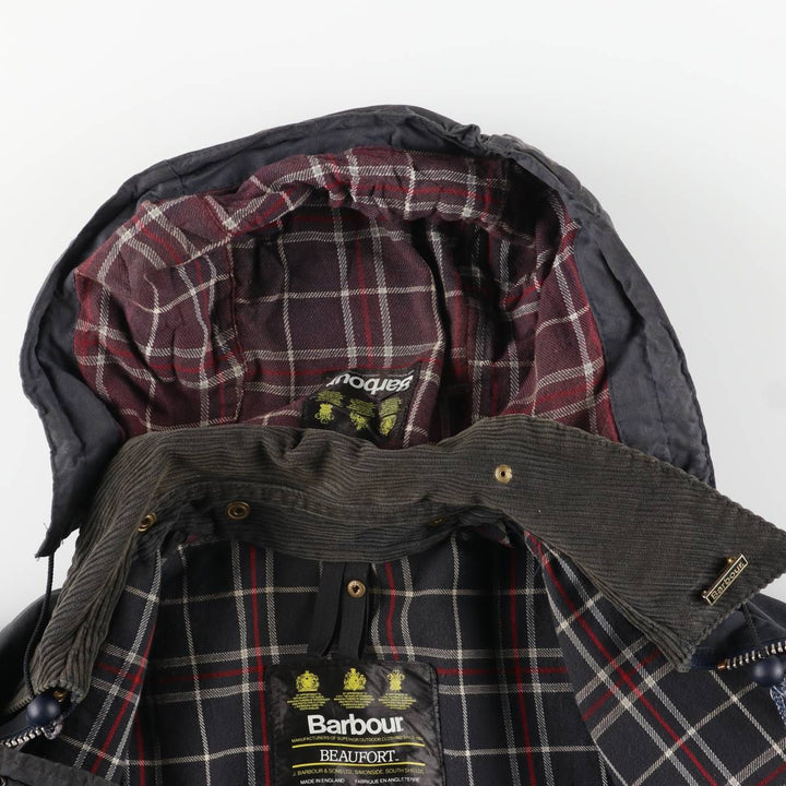 1990'S Barbour Beaufort Old 3-Warrant Hooded Oiled Hunting Jacket with Badge, Made in England, Size C40 cotton navy blue type Vintage Second Hand
