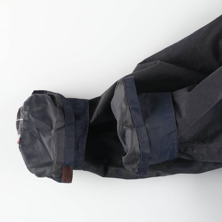 1990'S Barbour Beaufort Old 3-Warrant Hooded Oiled Hunting Jacket with Badge, Made in England, Size C40 cotton navy blue type Vintage Second Hand