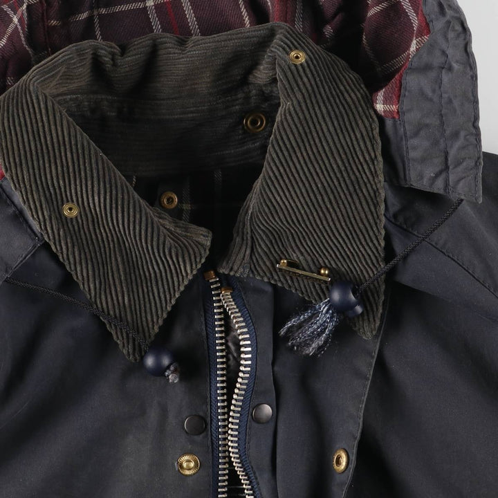 1990'S Barbour Beaufort Old 3-Warrant Hooded Oiled Hunting Jacket with Badge, Made in England, Size C40 cotton navy blue type Vintage Second Hand