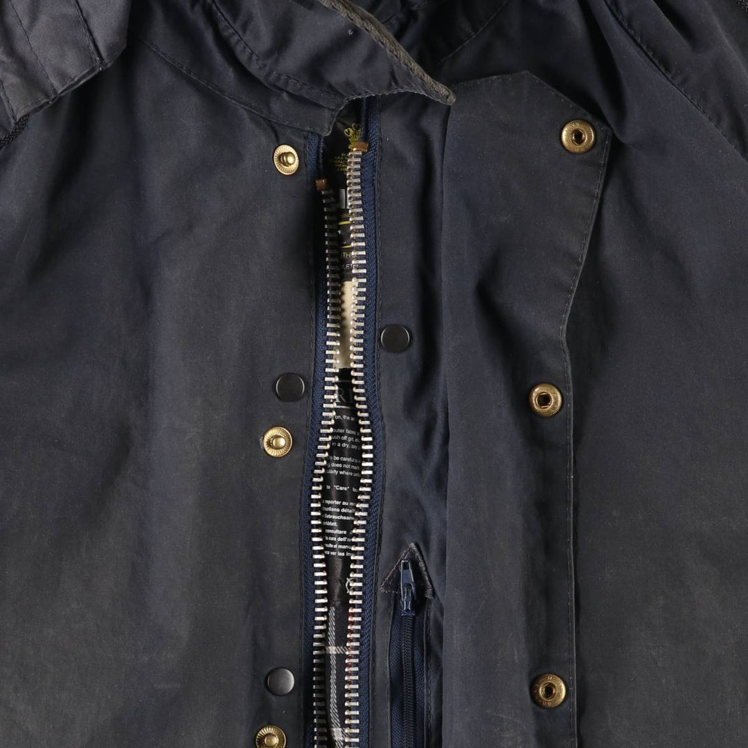 1990'S Barbour Beaufort Old 3-Warrant Hooded Oiled Hunting Jacket with Badge, Made in England, Size C40 cotton navy blue type Vintage Second Hand