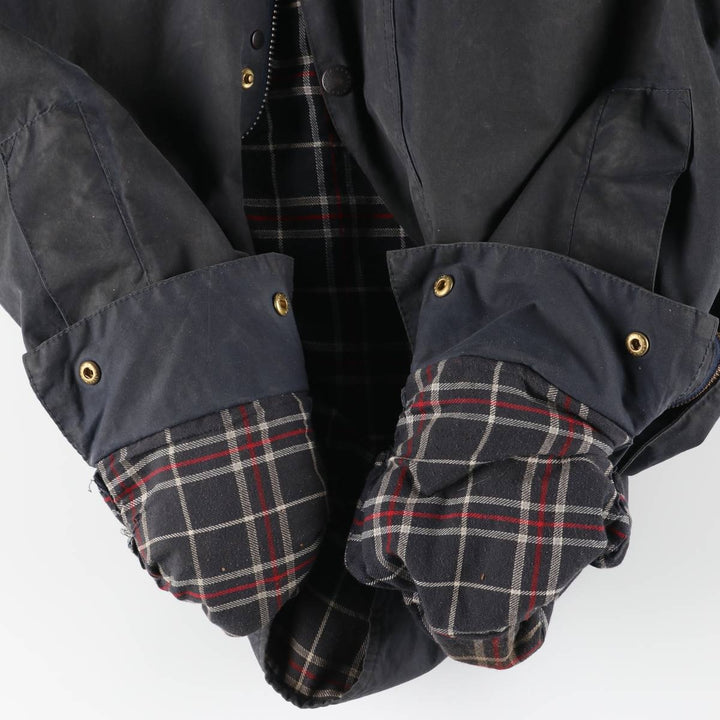 1990'S Barbour Beaufort Old 3-Warrant Hooded Oiled Hunting Jacket with Badge, Made in England, Size C40 cotton navy blue type Vintage Second Hand