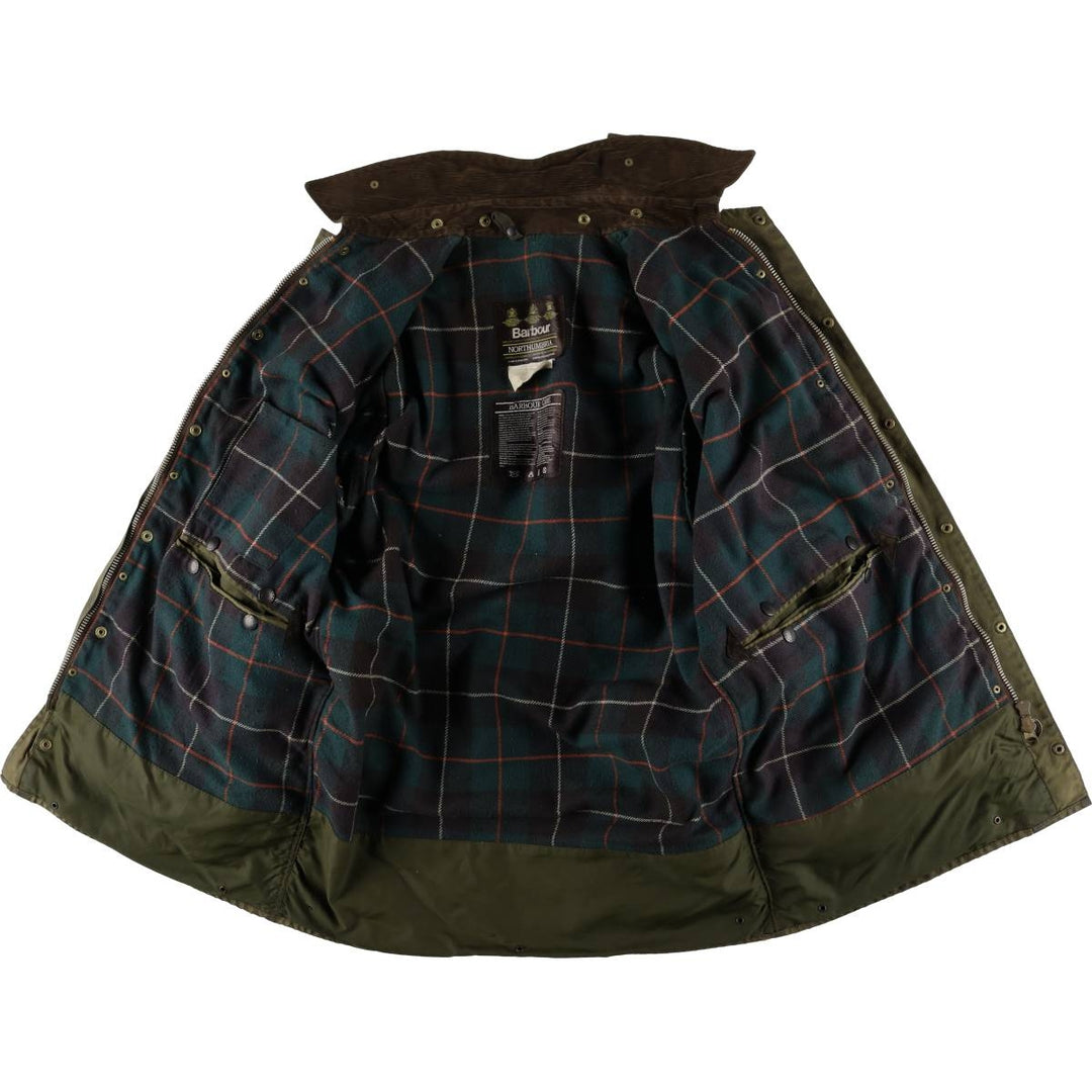1980'S Barbour Northumbria 3-Warrant Waxed Cotton Oiled Jacket, Made in England, C42, Men's Size L cotton Khaki type Vintage Second Hand
