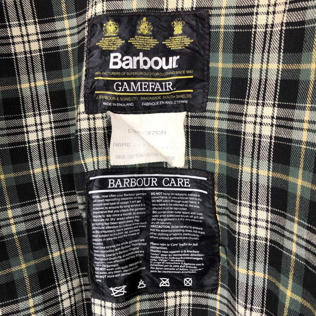 80s-90'S Barbour Gamefair Old 3-Warrant Waxed Cotton Oiled Jacket, Made in England, Size C38 (Men's M equivalent) cotton Khaki type Vintage Second Hand