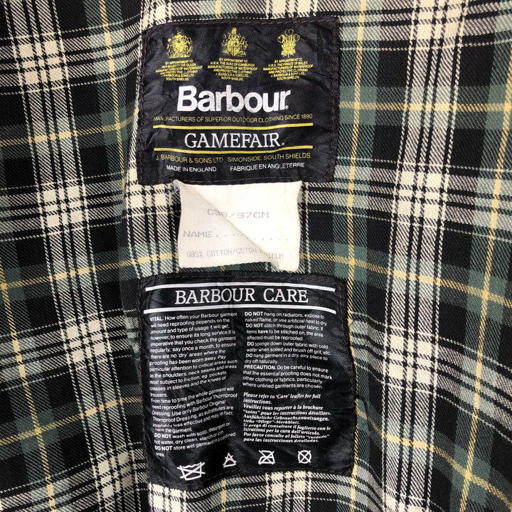 80s-90'S Barbour Gamefair Old 3-Warrant Waxed Cotton Oiled Jacket, Made in England, Size C38 (Men's M equivalent) cotton Khaki type Vintage Second Hand